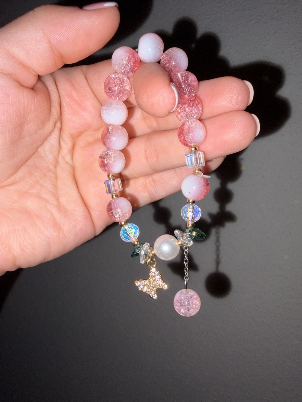 Pink Glass Bead Crystal Beaded Bracelet with Butterfly Charm